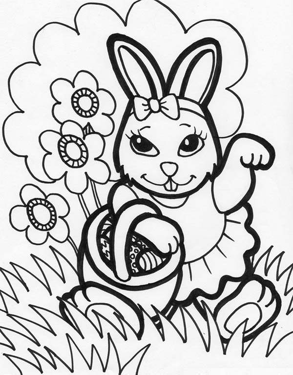 Cartoon Easter Bunny With Eggs Coloring Page with simple drawing
