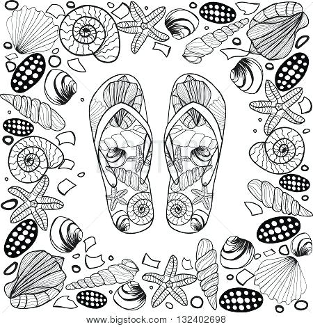 450x470 Flip Flop Coloring Page Hand Drawn Seashell Border Frame With Flip