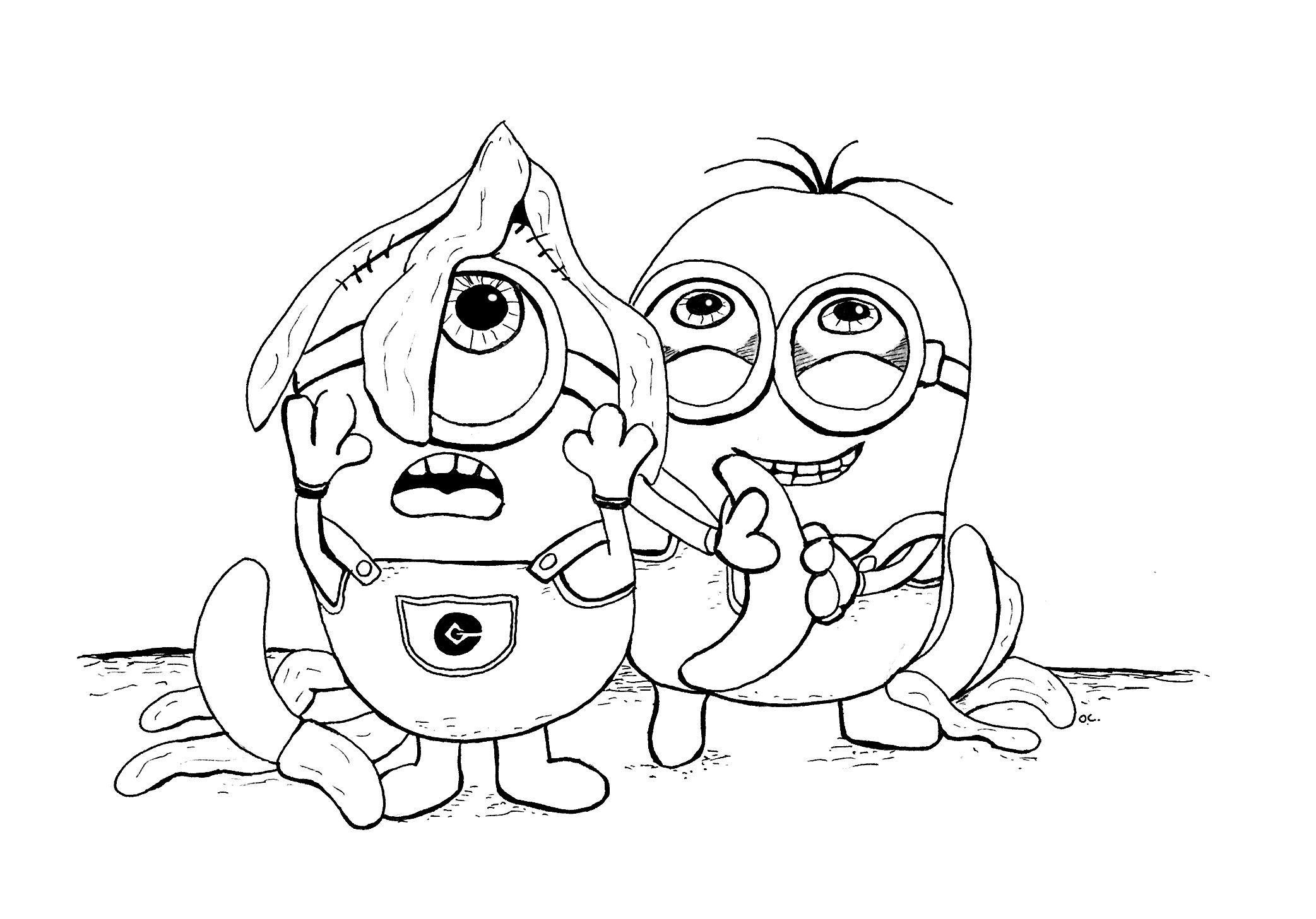 2085x1457 Free Coloring Page Two Minions And Bananas By Olivier