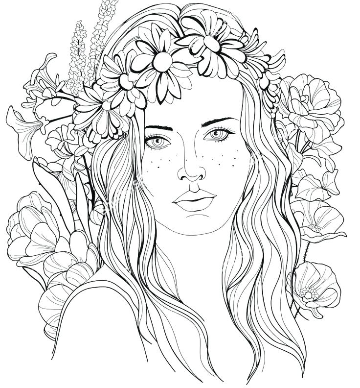 736x792 Coloring Pages Image Of A Girl With A Floral Wreath In Her Hair