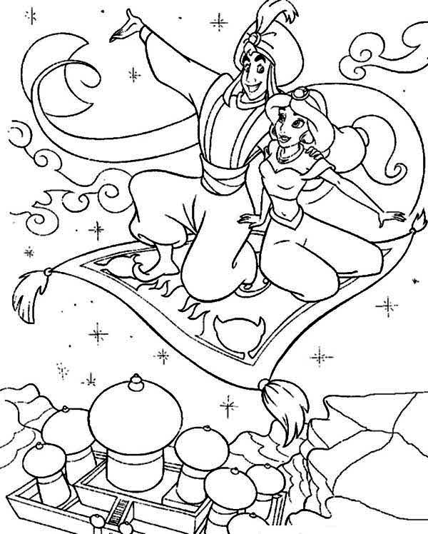 Aladdin Showing Jasmine The Whole Agrabah From Above Coloring Page 600x748 Aladdin Showing Jasmine The Whole Agrabah From Above Coloring Page