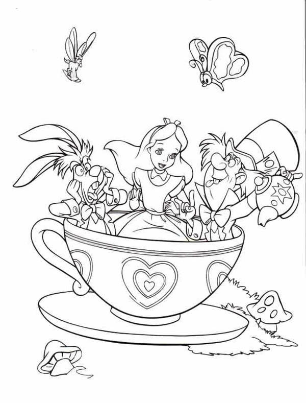 Mad Hatter Tea Party With Alice And White Rabbit Coloring Page 600x789 Mad Hatter Tea Party With Alice And White Rabbit Coloring Page