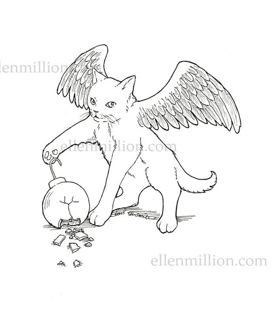 570x650 Winged Cat Coloring Pages Items Similar To Winged Kitten Digi