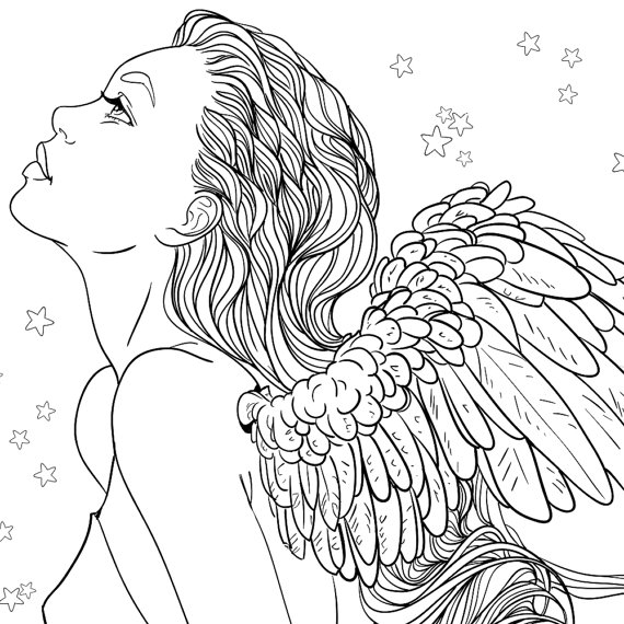 570x570 Adult Coloring Page Fantasy Girl Angel Line Art