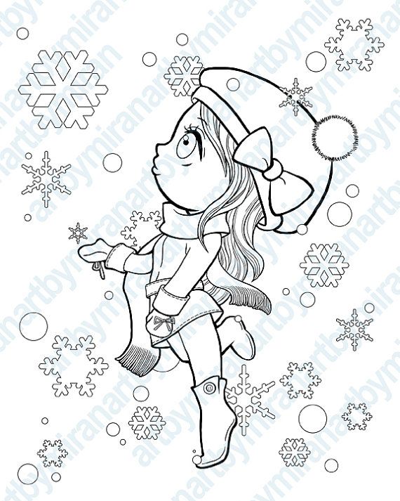 570x713 Christmas Digital Stamp, Winter Coloring Page, Snowflake And Girl
