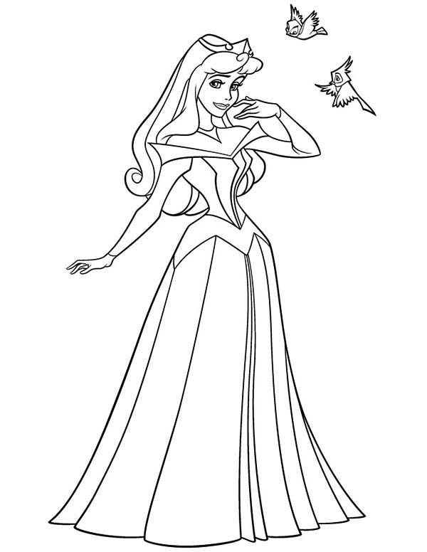 Princess Aurora And Twi Little Birds In Sleeping Beauty Coloring 600x776 Princess Aurora And Twi Little Birds In Sleeping Beauty Coloring