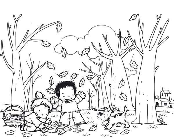 Kids And Dog Collecting Autumn Leaf Coloring Page 600x481 Kids And Dog Collecting Autumn Leaf Coloring Page