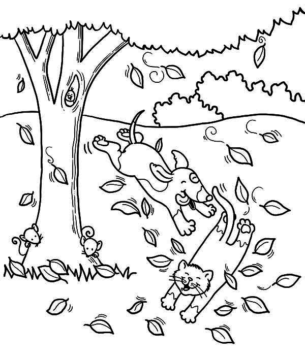 Dog Run After Cat Under Fall Leaf Coloring Page Color Luna 600x705 Dog Run After Cat Under Fall Leaf Coloring Page Color Luna