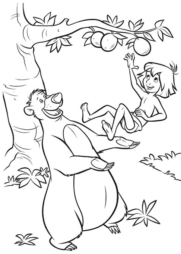 Baloo Throw Mowgli To Pick Fruit In The Jungle Book Coloring Page 600x840 Baloo Throw Mowgli To Pick Fruit In The Jungle Book Coloring Page