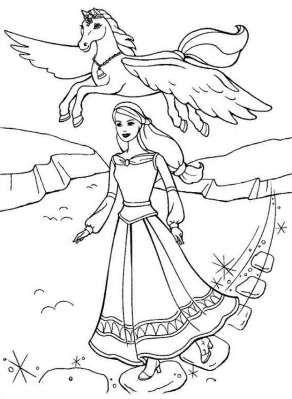 Barbie And Pegagus Magic Horse Coloring Page 600x819 Barbie And Pegagus Magic Horse Coloring Page