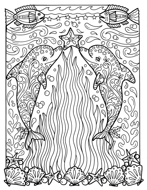 Christmas Dolphins Coloring Page Adult Coloring Beach Color 570x738 Christmas Dolphins Coloring Page Adult Coloring Beach Color