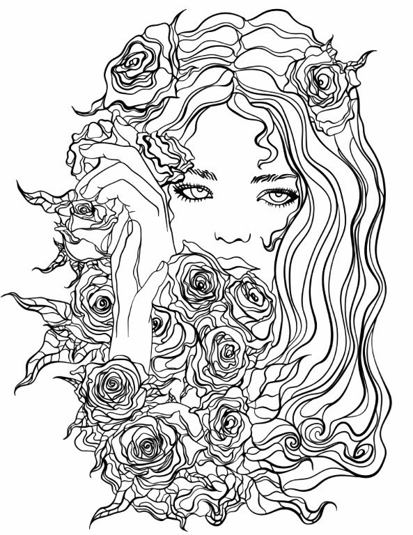 593x768 Pretty Girl With Flowers Coloring Page Recolor App Beautiful