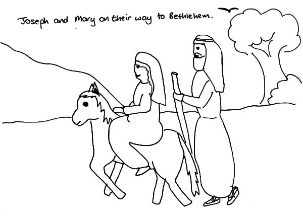 Joseph And Mary And The Donkey On Their Way To Bethlehem Coloring 600x437 Joseph And Mary And The Donkey On Their Way To Bethlehem Coloring