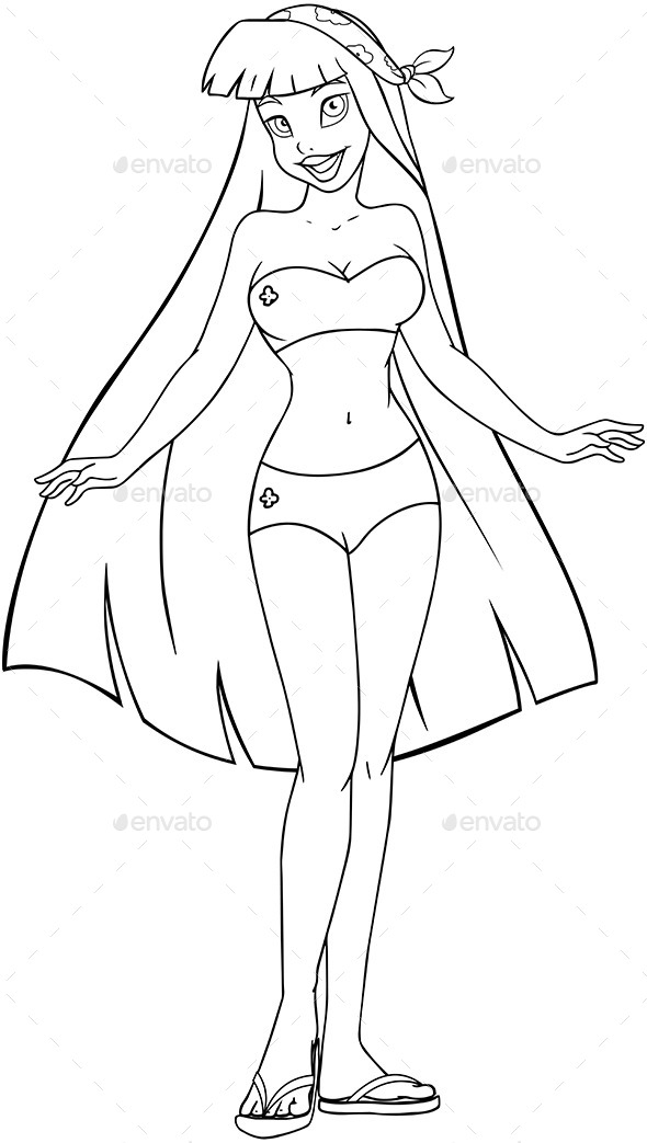 590x1043 Asian Woman In Swimsuit Coloring Page By Lironpeer Graphicriver