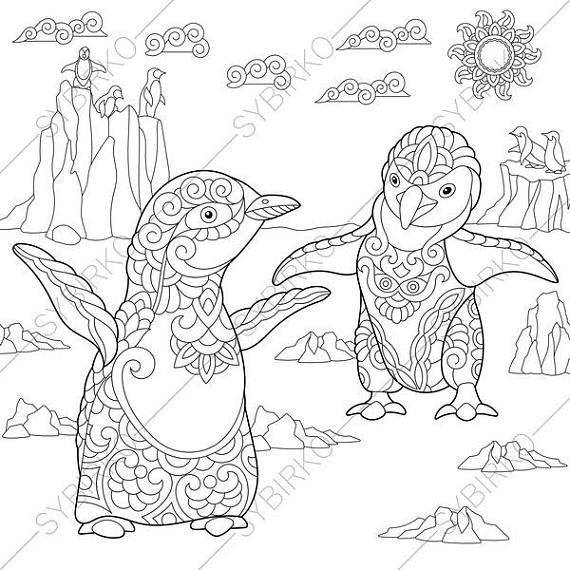 570x570 Adult Coloring Pages. Emperor Penguins. Zentangle Doodle Bilder