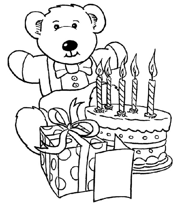 600x693 Teddy Bear And Present And Happy Birthday Cake Coloring Page