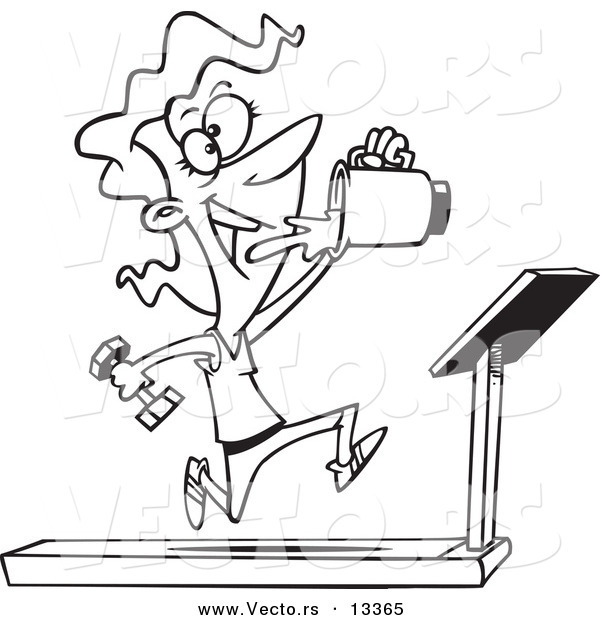 600x620 Vector Of A Cartoon Fit Woman Running On A Treadmill And Drinking