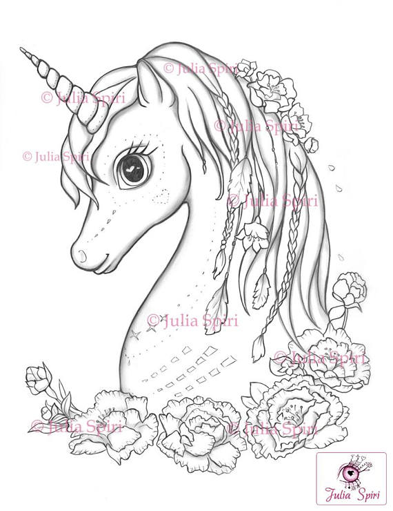 570x740 Coloring Pages Digital Stamp Digi Unicorn Boho Flowers