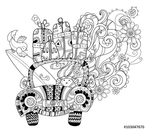500x447 Hand Drawn Doodle Outline Holiday Car Travel Decorated