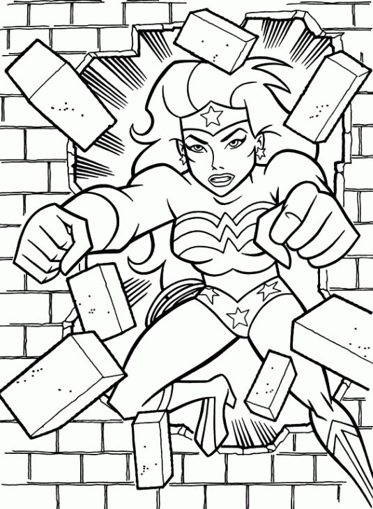Wonder Woman Breaks Through A Brick Wall Coloring Page 535x730 Wonder Woman Breaks Through A Brick Wall Coloring Page
