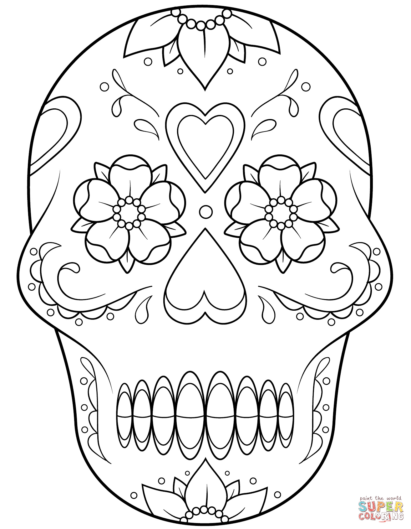 1314x1689 Fresh Sugar Skull With Flowers And Hearts Coloring Page