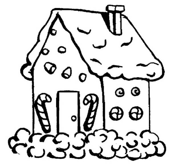Gingerbread House With Candy Cane In Front Coloring Page 600x588 Gingerbread House With Candy Cane In Front Coloring Page