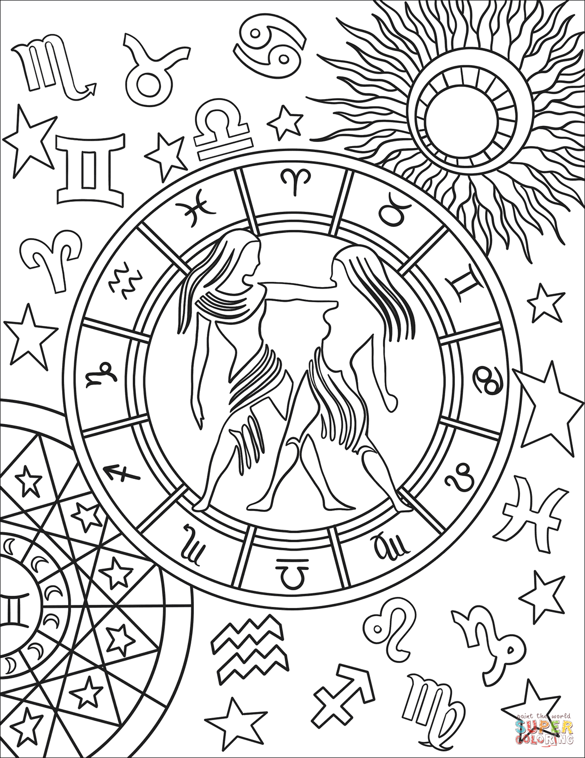 1159x1500 Gemini Zodiac Sign Coloring Page With Signs Pages