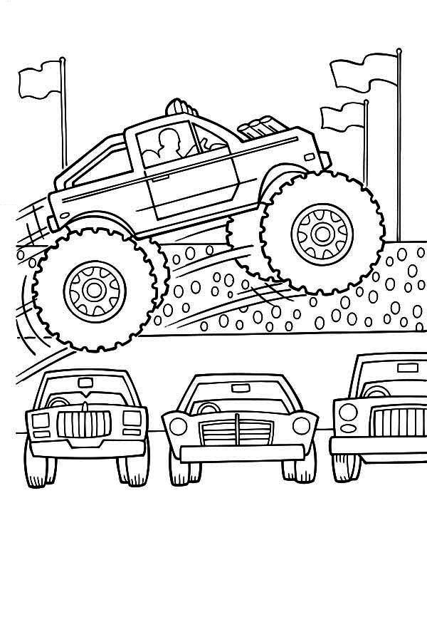 Monster Truck, Monster Truck Jumps Over Cars Coloring Page 600x866 Monster Truck, Monster Truck Jumps Over Cars Coloring Page