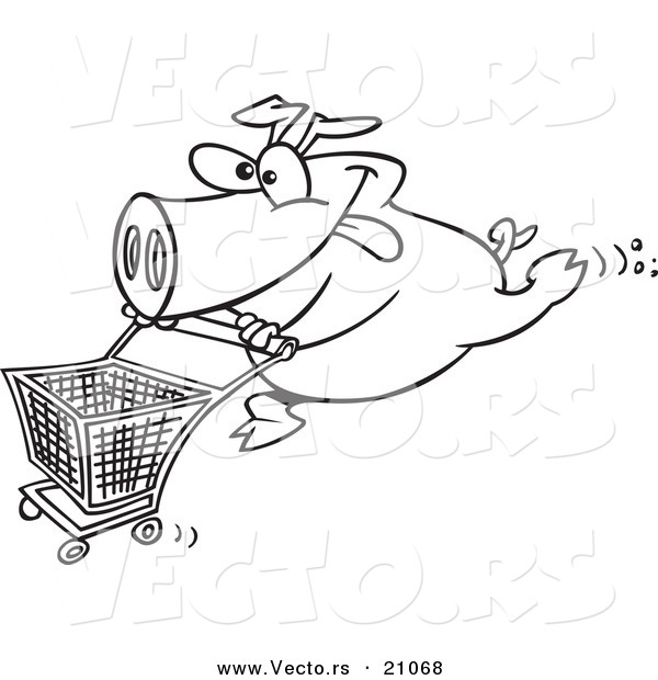 600x620 Vector Of A Cartoon Pig Pushing A Shopping Cart