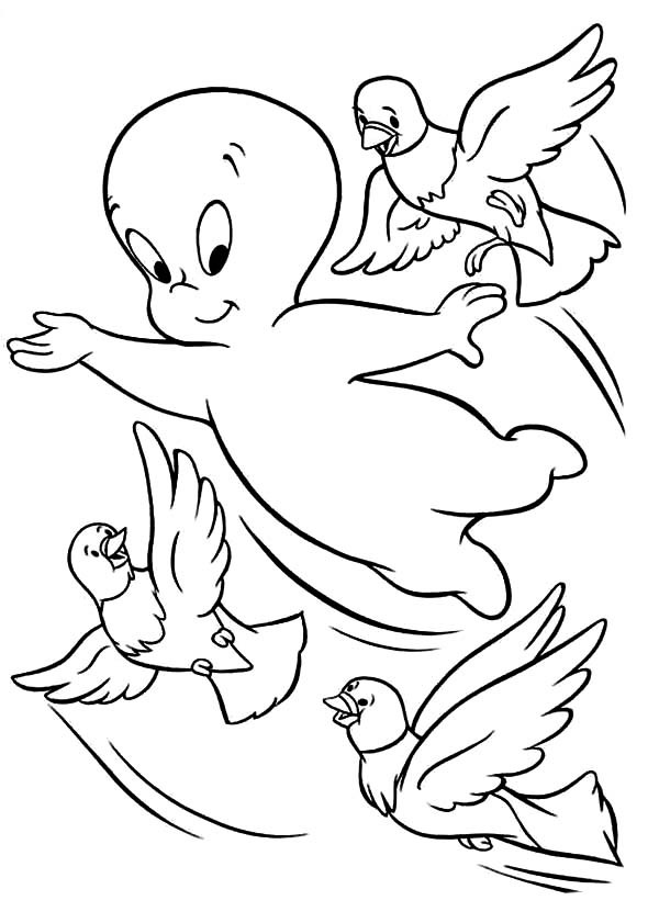 600x841 Casper The Friendly Ghost Flying With Three Little Birds Coloring