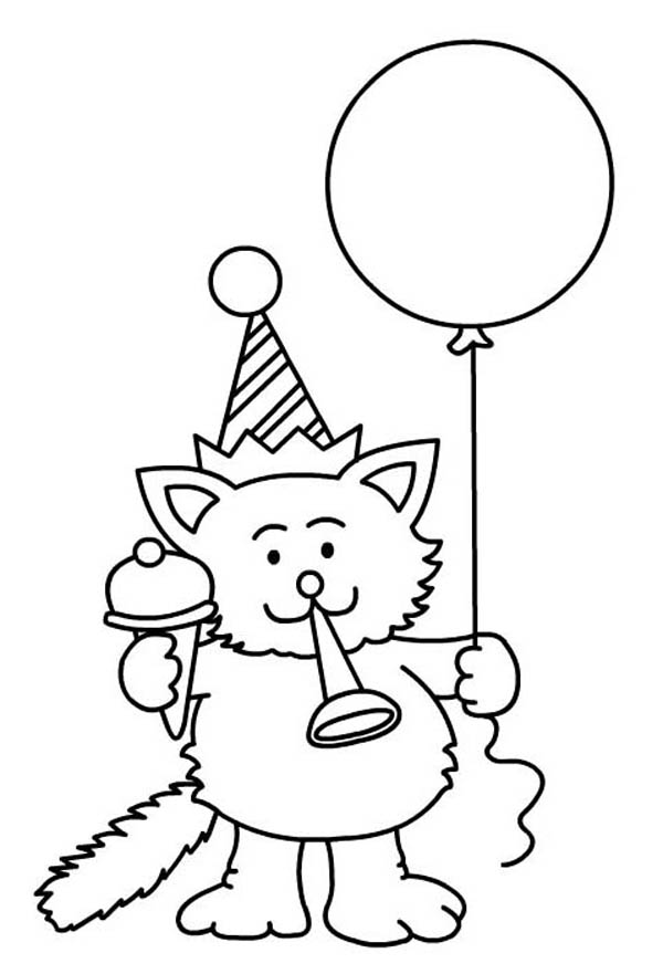 A Cat Blowing A Horn For Happy Birthday Party Coloring Page 600x881 A Cat Blowing A Horn For Happy Birthday Party Coloring Page