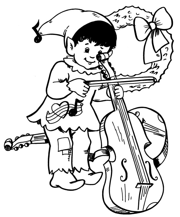 599x720 Printable Christmas Coloring Page Elf With Cello