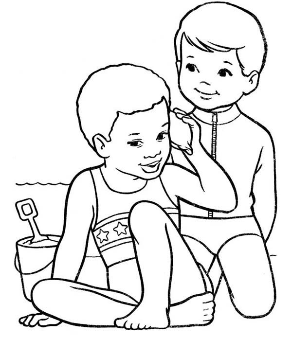 Two Kids Playing With The Beach Sand Coloring Page 600x734 Two Kids Playing With The Beach Sand Coloring Page