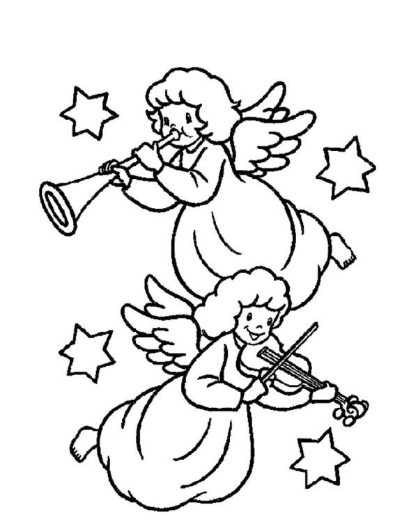 600x763 Two Christmas Angels Playing Music Coloring Pages Angel Music
