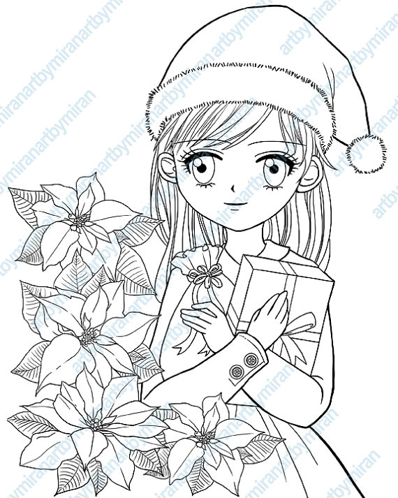 Christmas Digital Stamp Poinsettia And Girl Coloring Page 570x713 Christmas Digital Stamp Poinsettia And Girl Coloring Page