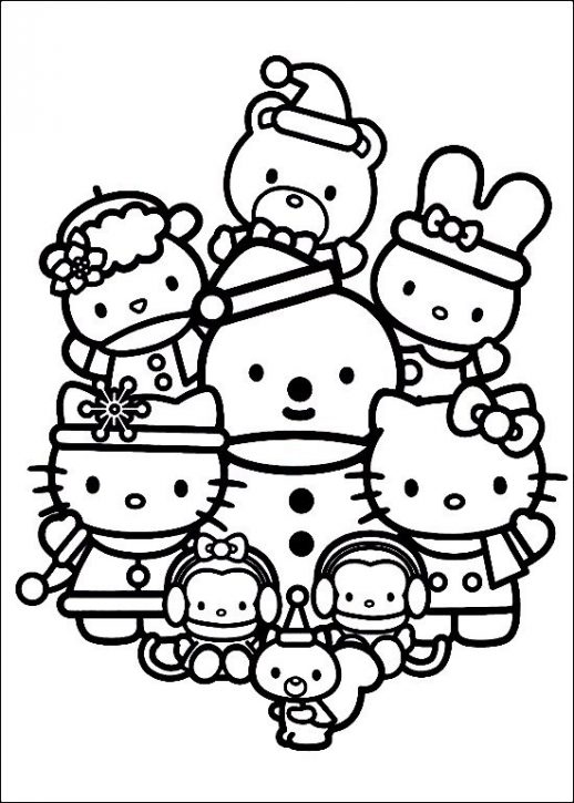518x725 Happy Family Of Hello Kitty Celebrating Christmas Coloring Pages