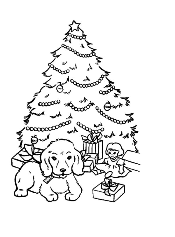 600x812 A Puppy Sitting In Front Of Christmas Trees Coloring Pages Color