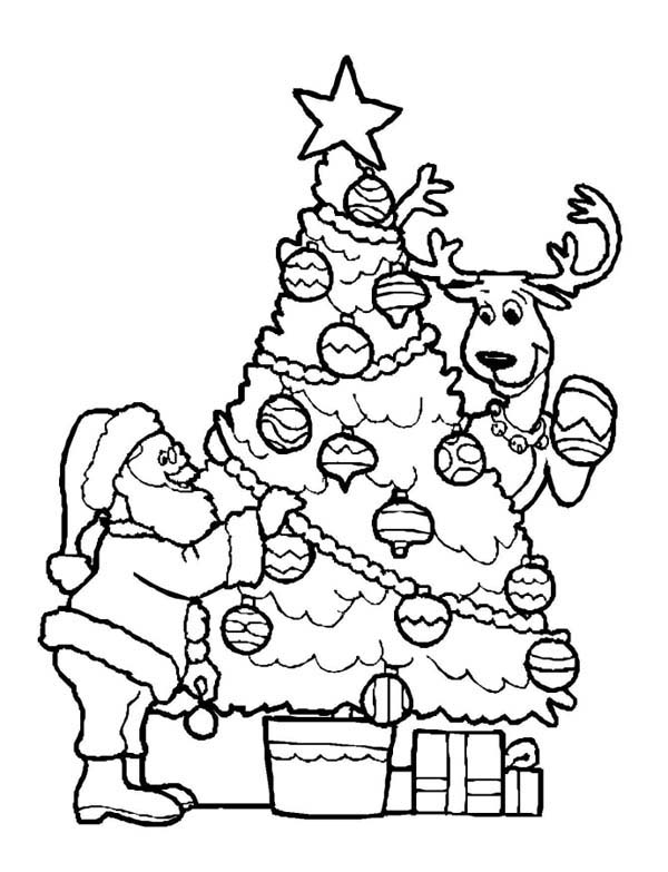 Santa Decorating Christmas Tree With The Reindeer Coloring Page 600x783 Santa Decorating Christmas Tree With The Reindeer Coloring Page