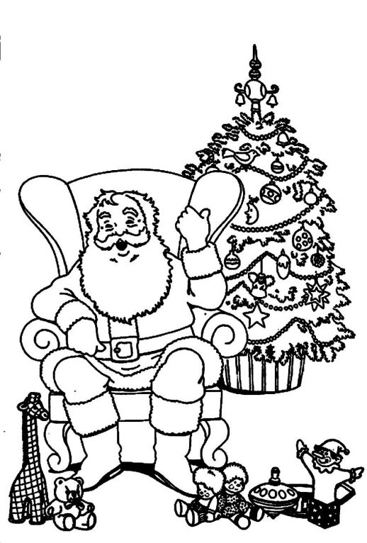 Santa Claus Relaxes Himself In Front Of Christmas Tree Coloring 518x766 Santa Claus Relaxes Himself In Front Of Christmas Tree Coloring