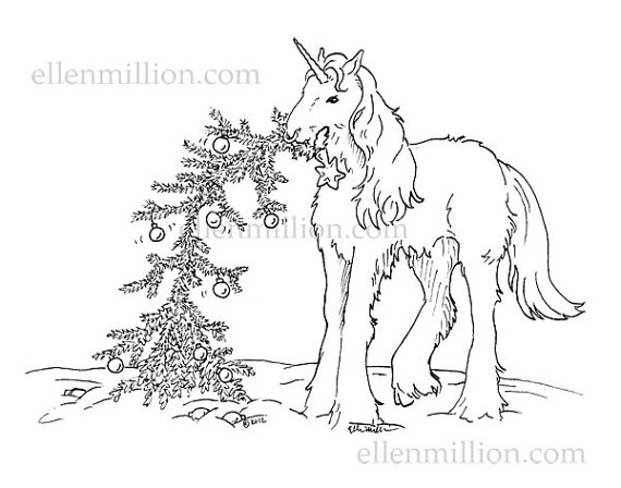 570x448 Unicorn Christmas Tree Digi Stamp Digital Coloring Page