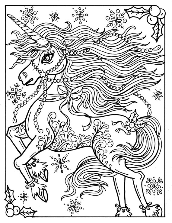 570x738 Christmas Unicorn Adult Coloring Page Coloring Book Holidays