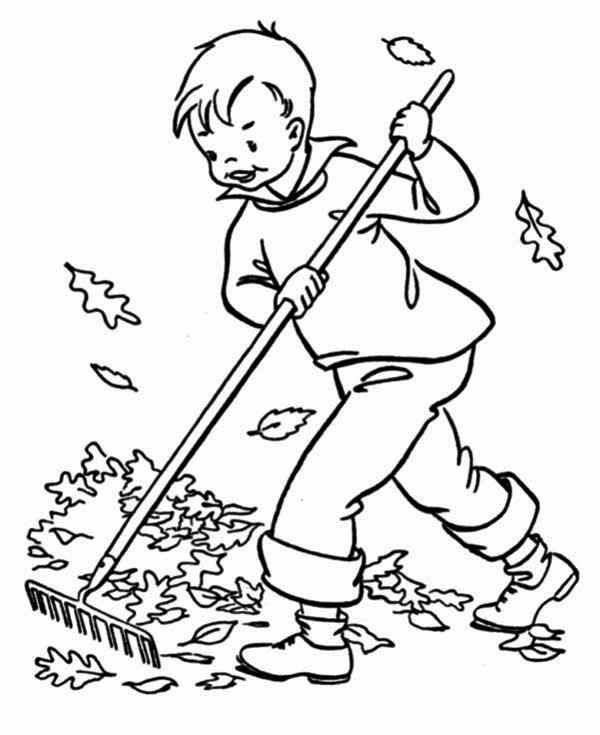 A Boy Clean Up Autumn Leaf Coloring Page 600x735 A Boy Clean Up Autumn Leaf Coloring Page