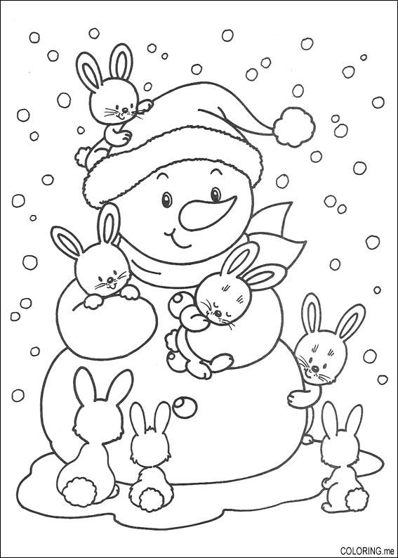 Coloring Page Christmas Snowman And Rabbits 567x794 Coloring Page Christmas Snowman And Rabbits
