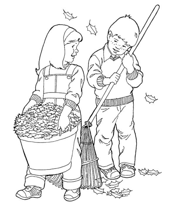 600x708 Couple Of Kids Cleaning Dry Leaves In Autumn Coloring Pages