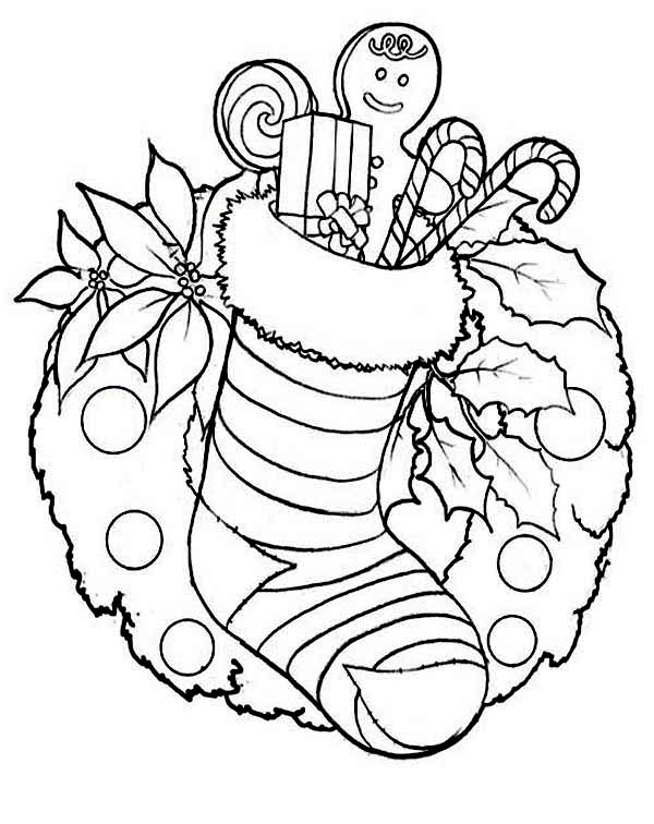 Christmas Stocking And Christmas Wreath For Decoration Coloring 600x756 Christmas Stocking And Christmas Wreath For Decoration Coloring