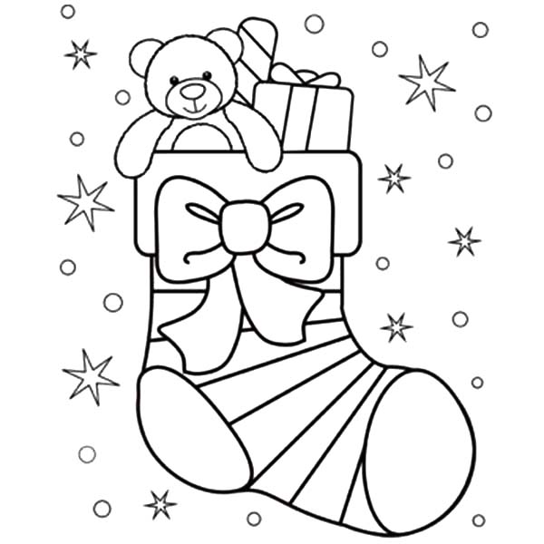 Little Teddy Bear In Christmas Stockings Coloring Pages 600x600 Little Teddy Bear In Christmas Stockings Coloring Pages
