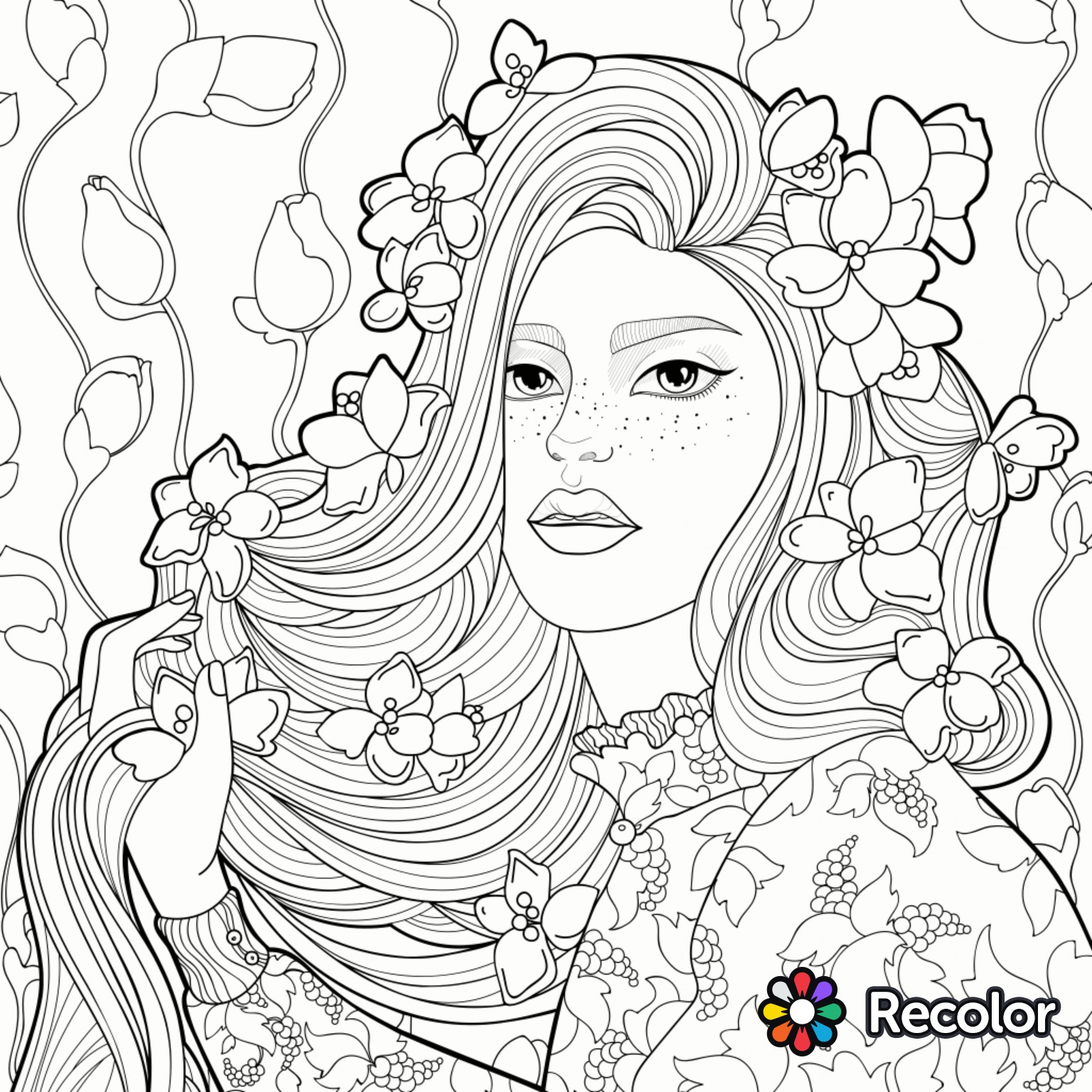 Girl With Flowers In Her Hair Coloring Page Beautiful Women Hair 1536x1536 Girl With Flowers In Her Hair Coloring Page Beautiful Women Hair