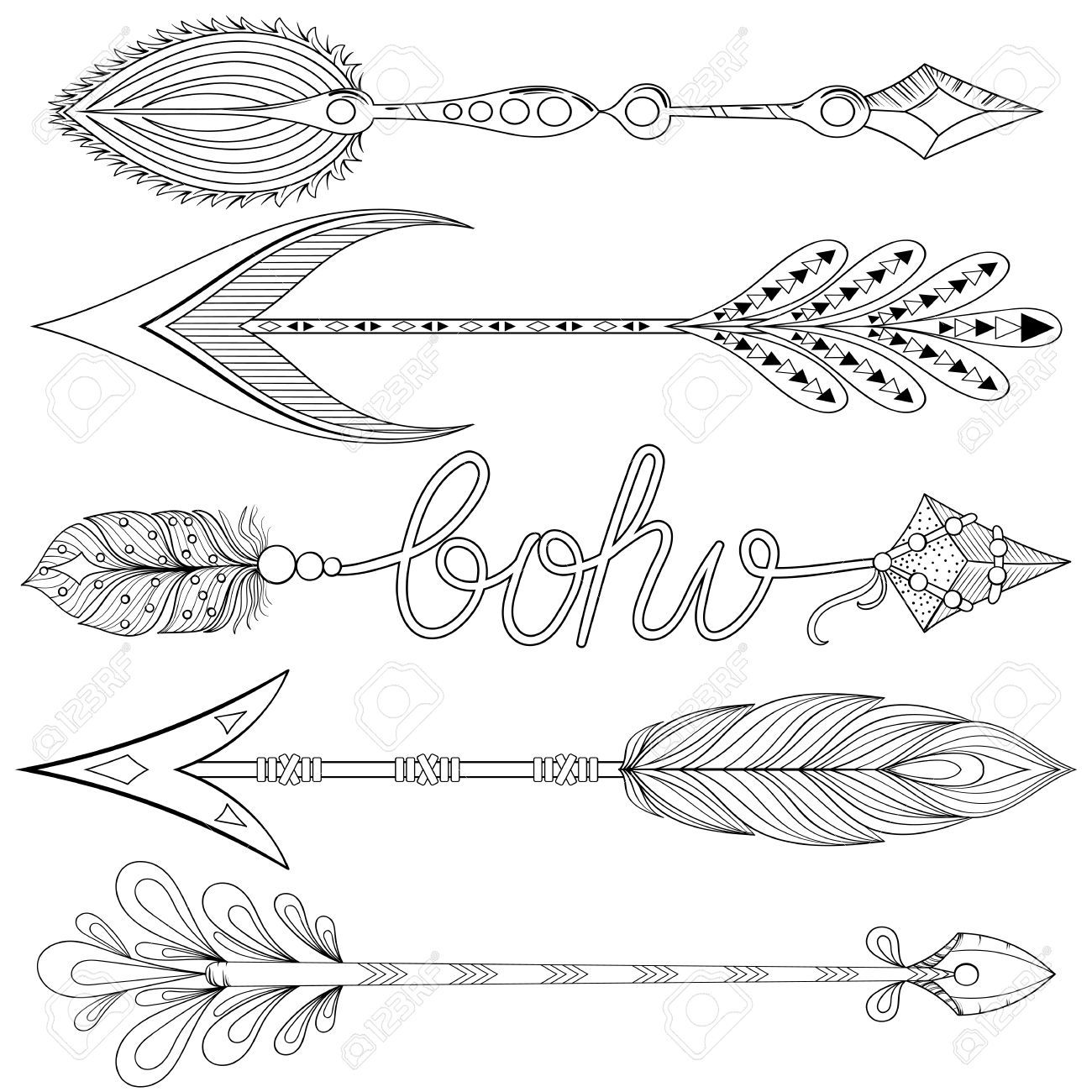 Bohemian Arrows Set With Feathers. Hand Drawn Decorative Arrows 1300x1300 Bohemian Arrows Set With Feathers. Hand Drawn Decorative Arrows