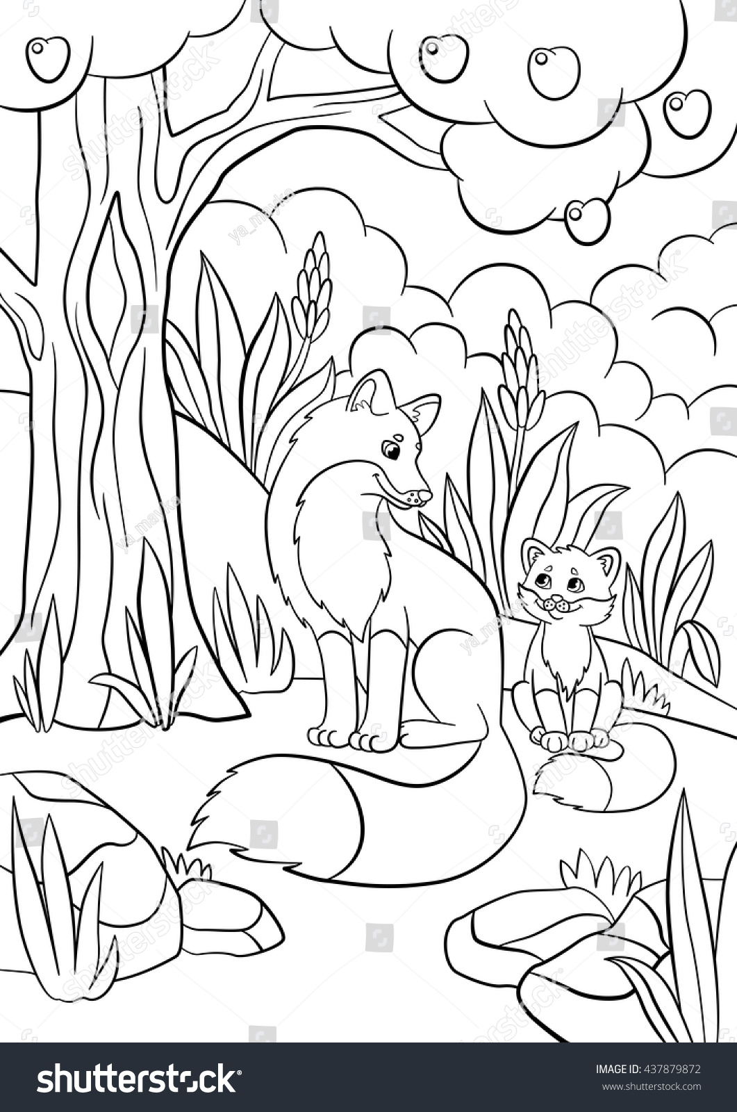 1061x1600 Energy Baby Fox Coloring Pages Wild Animals Mother Stock Vector