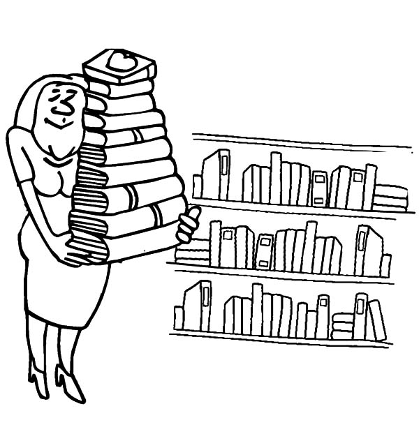 Librarian Lifting A Pile Of Books In Library Coloring Pages 600x622 Librarian Lifting A Pile Of Books In Library Coloring Pages